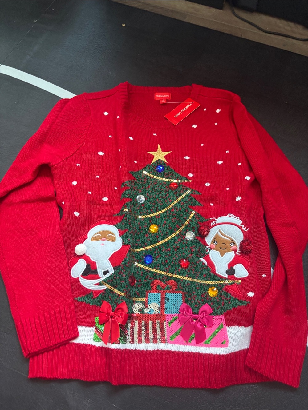 Holiday Time Red Christmas Tree & Santa Crewneck Sweater